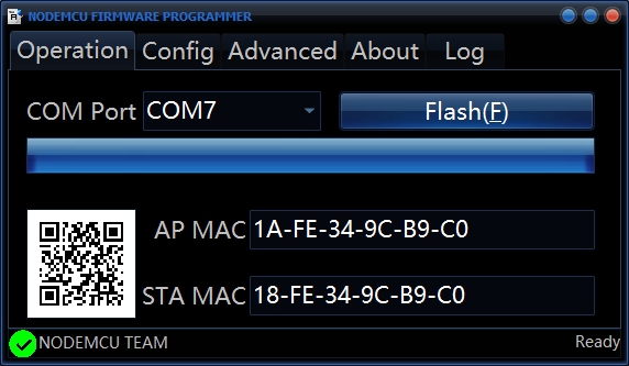 Getting NodeMCU - Operation tab flashing done